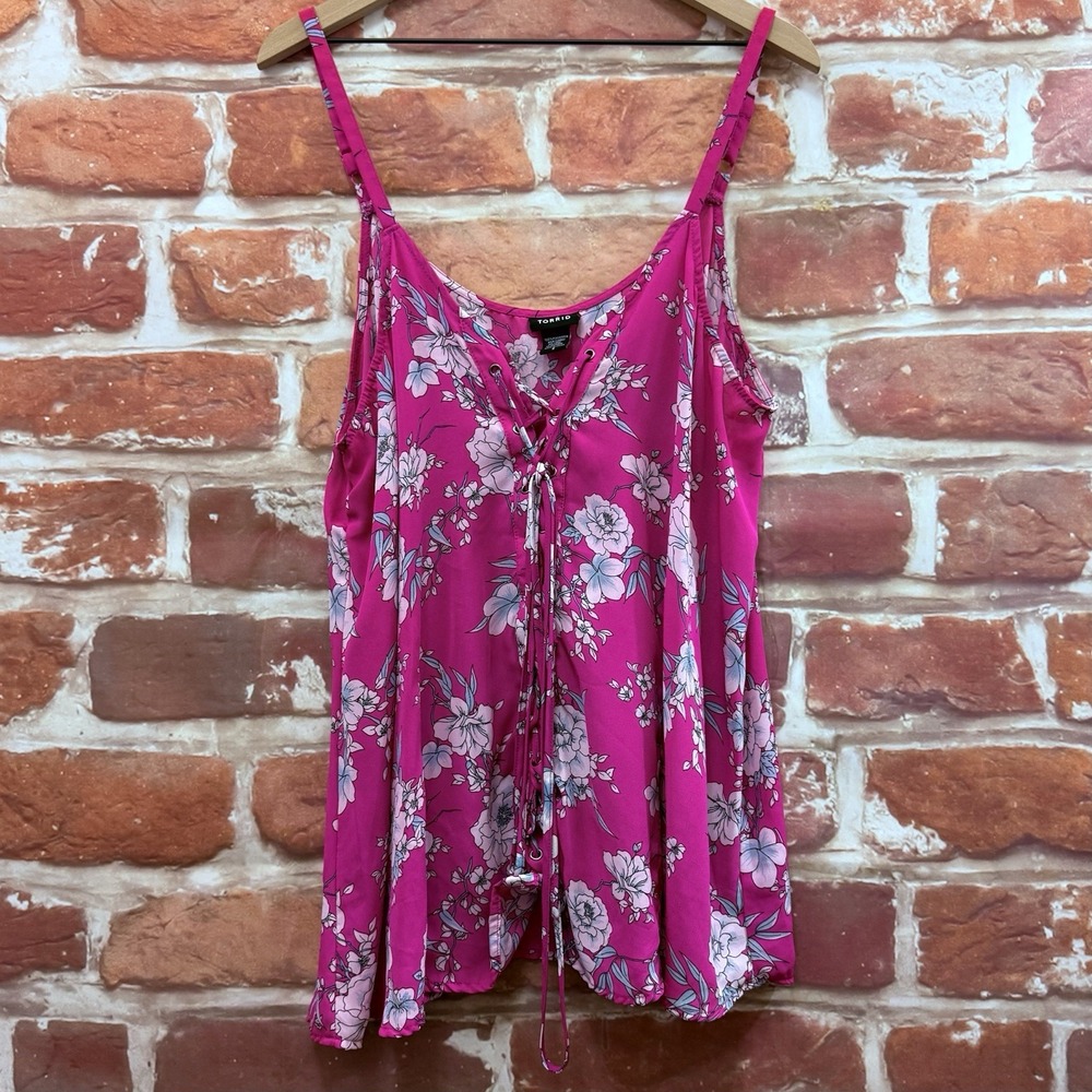 Torrid Top Women's 2X Pink Garden Floral Lace Up Casual Camisole Tank Shirt